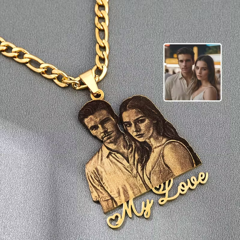 18K Golden Plated Stainless Steel Pendant Necklace | Custom Photo w/ Text